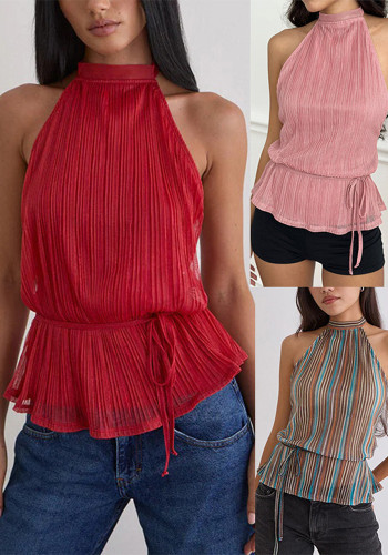 Women Casual Sexy Solid Backless Lace-Up Halter Neck Top