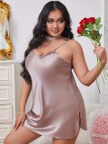 Plus Size Women Solid Satin Single-Slit Nightgown