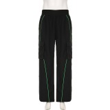 Women Winter Casual High-Neck Striped Color-Blocked Zipper Crop Top and Pant Two-Piece Set