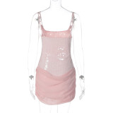 Women Winter Spaghetti Strap Floral Sequin Patchwork Mesh Dress