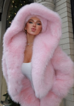 Women Winter Pink Furry Hooded Coat Two-Piece Set