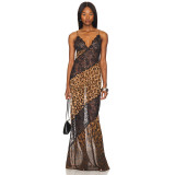 Women Winter Sexy Animal Print Patchwork Lace See-Through Dress
