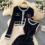 Women Autumn Color Block Round Neck Long Sleeve Knitting Sleeveless Dress and Coat Two-Piece Set