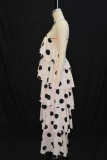 Women Autumn Polka Dot Halter Neck Backless Cascading Ruffles Dress