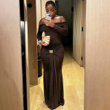 Women Winter Off-Sleeve Long-Sleeved Ruffled Bodycon Dress