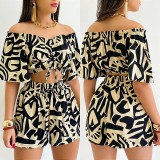 Women Summer Printed Short-Sleeve Top and Shorts Two-Piece Set