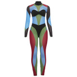 Women Autumn/Winter High Neck Long Sleeve Color Block Jumpsuit