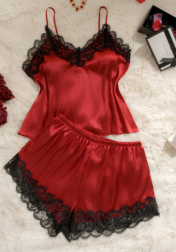 Plus Size Women Lace Patchwork Solid Top and Shorts Two-Piece Set