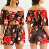 Women Summer Printed Short-Sleeve Top and Shorts Two-Piece Set
