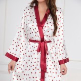 Plus Size Women Red Heart Print Satin Casual Home Wear