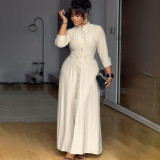 Women Autumn Elegant Beige Stand Collar Maxi Dress