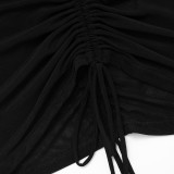 Women Autumn Solid Tie-Waist Metallic Short-Sleeve Backless Gathered Dress