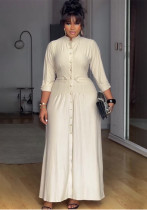 Women Autumn Elegant Beige Stand Collar Maxi Dress