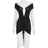 Women Autumn Solid Tie-Waist Metallic Short-Sleeve Backless Gathered Dress