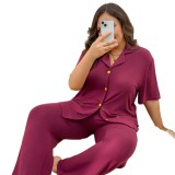 Plus Size Women Short-Sleeve Top and Pants Solid Casual Home Wear Two-Piece Set