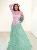 Women Autumn Printed Color-Blocked Maxi Dress