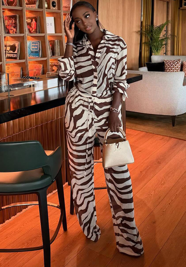 Women Spring Casual Zebra Print Shirt Wide-Leg Trousers Two-Piece Set