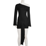 Women's Chic Solid Color Slash Shoulder Lace-Up Bell Sleeve Bodycon Mini Dress