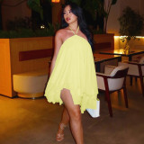 Women Summer Sexy Solid Halter Neck Tie-Waist Backless Chiffon Double-Layer Irregular Dress