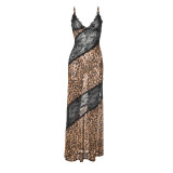 Women Winter Sexy Animal Print Patchwork Lace See-Through Dress