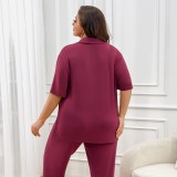 Plus Size Women Short-Sleeve Top and Pants Solid Casual Home Wear Two-Piece Set