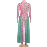 Women Autumn Printed Color-Blocked Maxi Dress