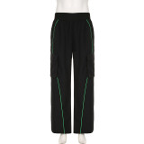 Women Winter Casual High-Neck Striped Color-Blocked Zipper Crop Top and Pant Two-Piece Set