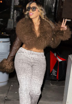 Women Autumn/Winter Furry Collar Tassel Patchwork Long-Sleeve V-Neck Pu-Leather Coat