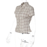 Women Winter Casual French Button-Up Short-Sleeve Plaid Shirt Top