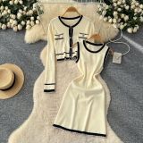 Women Autumn Color Block Round Neck Long Sleeve Knitting Sleeveless Dress and Coat Two-Piece Set