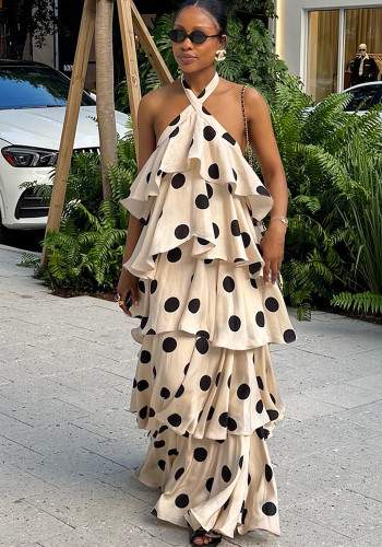 Women Autumn Polka Dot Halter Neck Backless Cascading Ruffles Dress