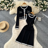Women Autumn Color Block Round Neck Long Sleeve Knitting Sleeveless Dress and Coat Two-Piece Set
