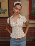Women Winter Casual French Button-Up Short-Sleeve Plaid Shirt Top