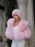Women Winter Pink Furry Hooded Coat Two-Piece Set