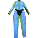 Women Autumn/Winter High Neck Long Sleeve Color Block Jumpsuit