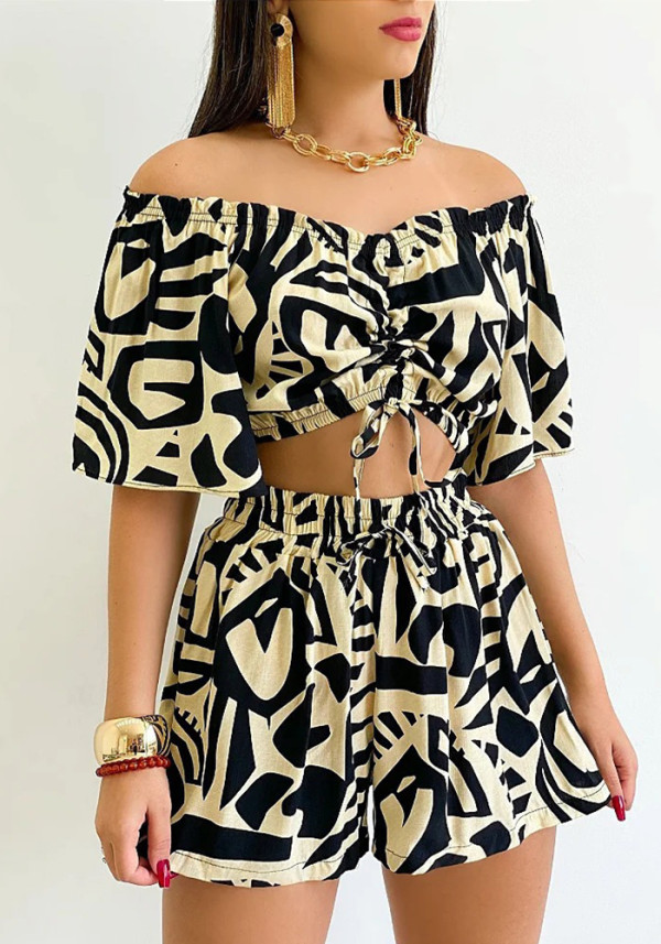 Women Summer Printed Short-Sleeve Top and Shorts Two-Piece Set