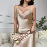 Plus Size Women Solid Lace Patchwork Nightgown