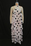 Women Autumn Polka Dot Halter Neck Backless Cascading Ruffles Dress