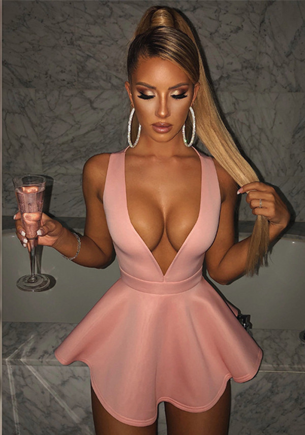 Women Spring Solid V-Neck Sleeveless Sexy Backless Dress