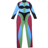 Women Autumn/Winter High Neck Long Sleeve Color Block Jumpsuit