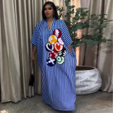 Plus Size Women African Spring Blue and White Striped Holidays Maxi Dress
