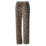 Women Autumn Leopard Sequin Straight-Leg Long Pants