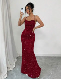 Women Red Sequin Strapless Halter Mermaid Slim-Fit Evening Gown