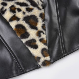 Women Leopard Fuzzy Patchwork Leather Strapless Top Sexy Bodycon Skirt Two-Piece Set