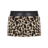Women Leopard Fuzzy Patchwork Leather Strapless Top Sexy Bodycon Skirt Two-Piece Set