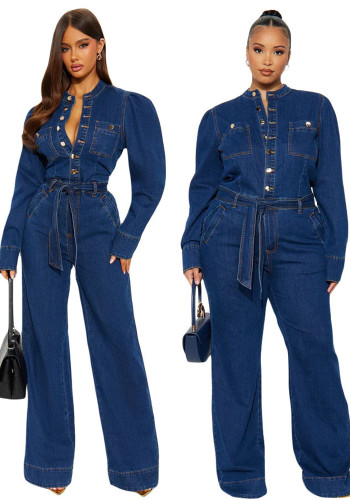 Women Slim-Fit Stretch Bell-Bottom Washed Long Sleeve Denim Jumpsuit