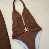 SexySolid Color Halter Neck One-Piece Swimsuit Slit Long Mesh Skirt Set
