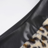 Women Leopard Fuzzy Patchwork Leather Strapless Top Sexy Bodycon Skirt Two-Piece Set