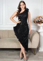 Women Slash Shoulder Sequin Split Pleated Ruffle Dress