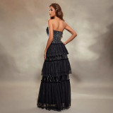Women Vertical Stripe Strapless Long Cocktail Party Dress